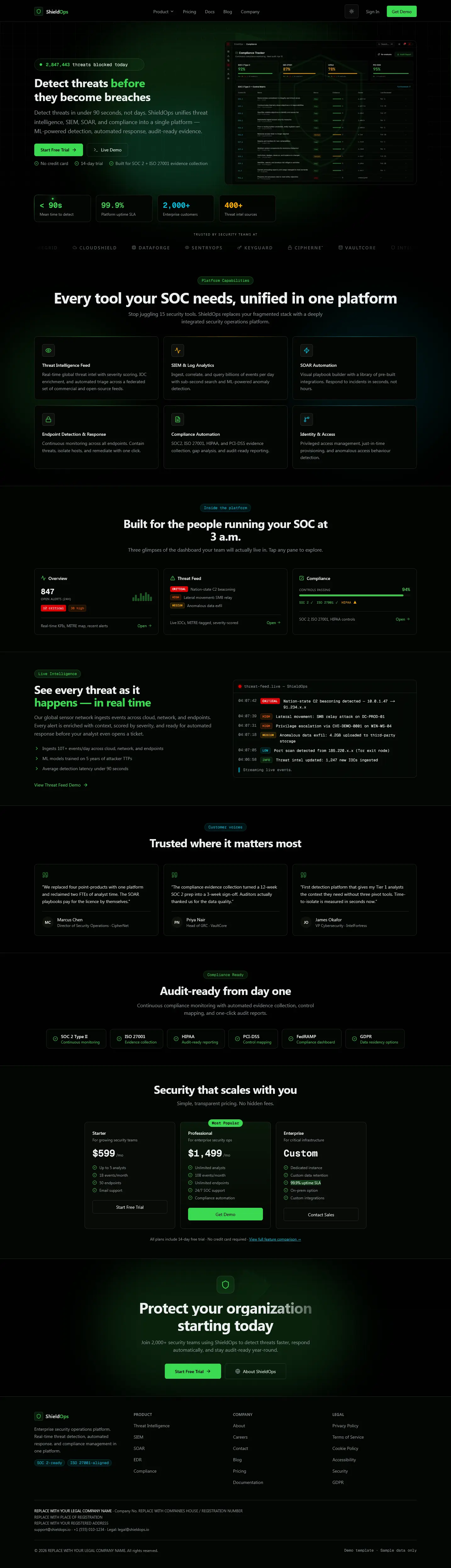 ShieldOps — Home (dark mode, desktop)
